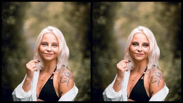 antes e depois da foto de uma mulher loira sendo que em uma foto está com a maquiagem CEO do AirBrush