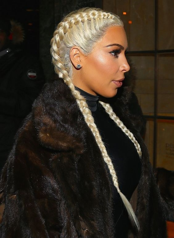 Kim Kardashian rocking blonde French braids