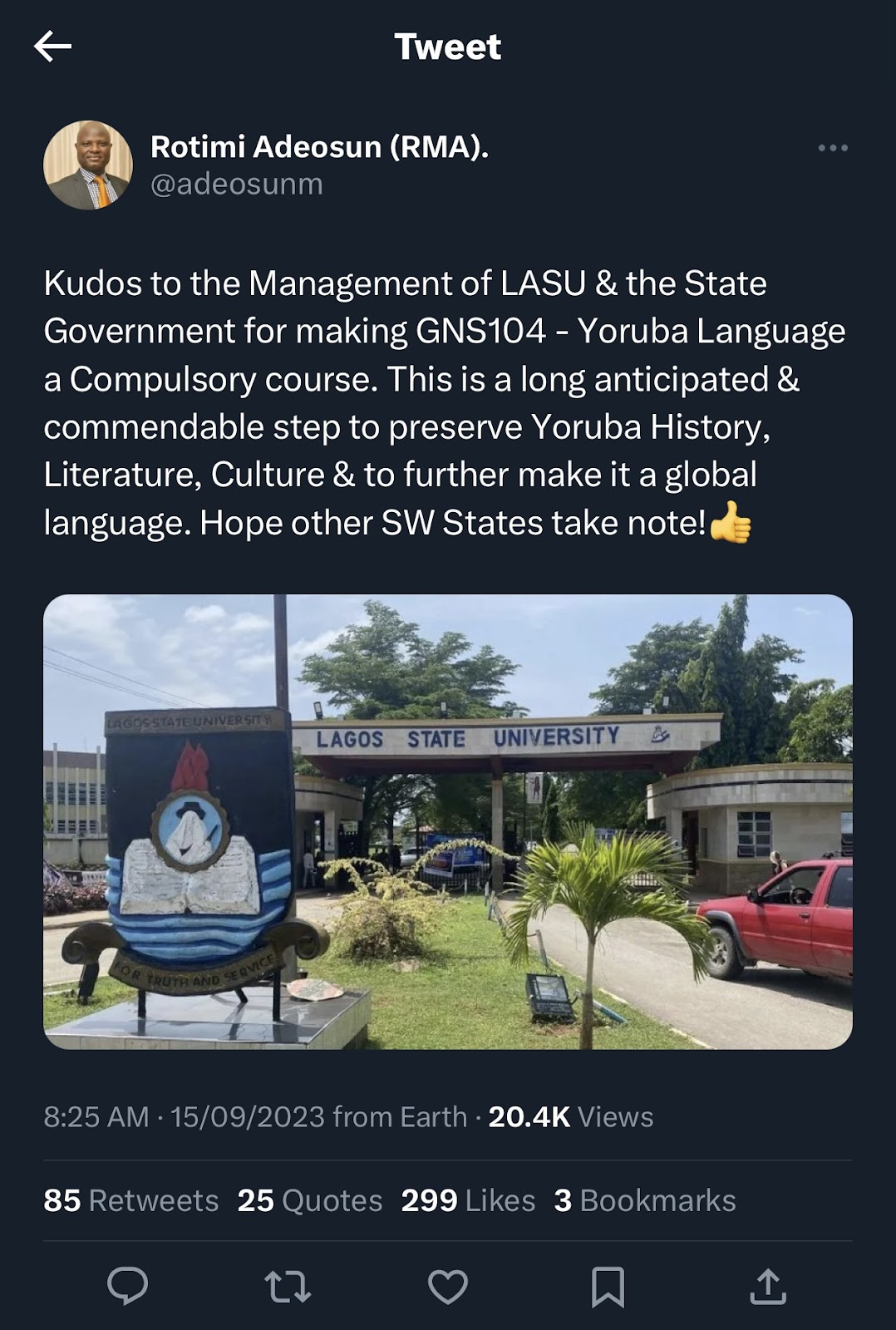 Tweet claiming LASU has made Yoruba language compulsory