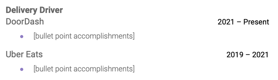 Example of grouping DoorDash together with similar roles on a resume