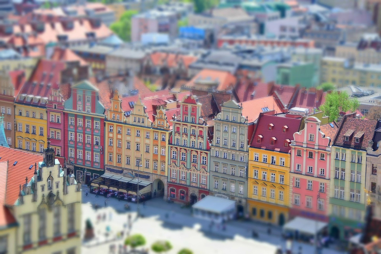 wroclaw push-pull miniature effect colorful medieval buildings in downtown wroclaw in poland on a sunny day