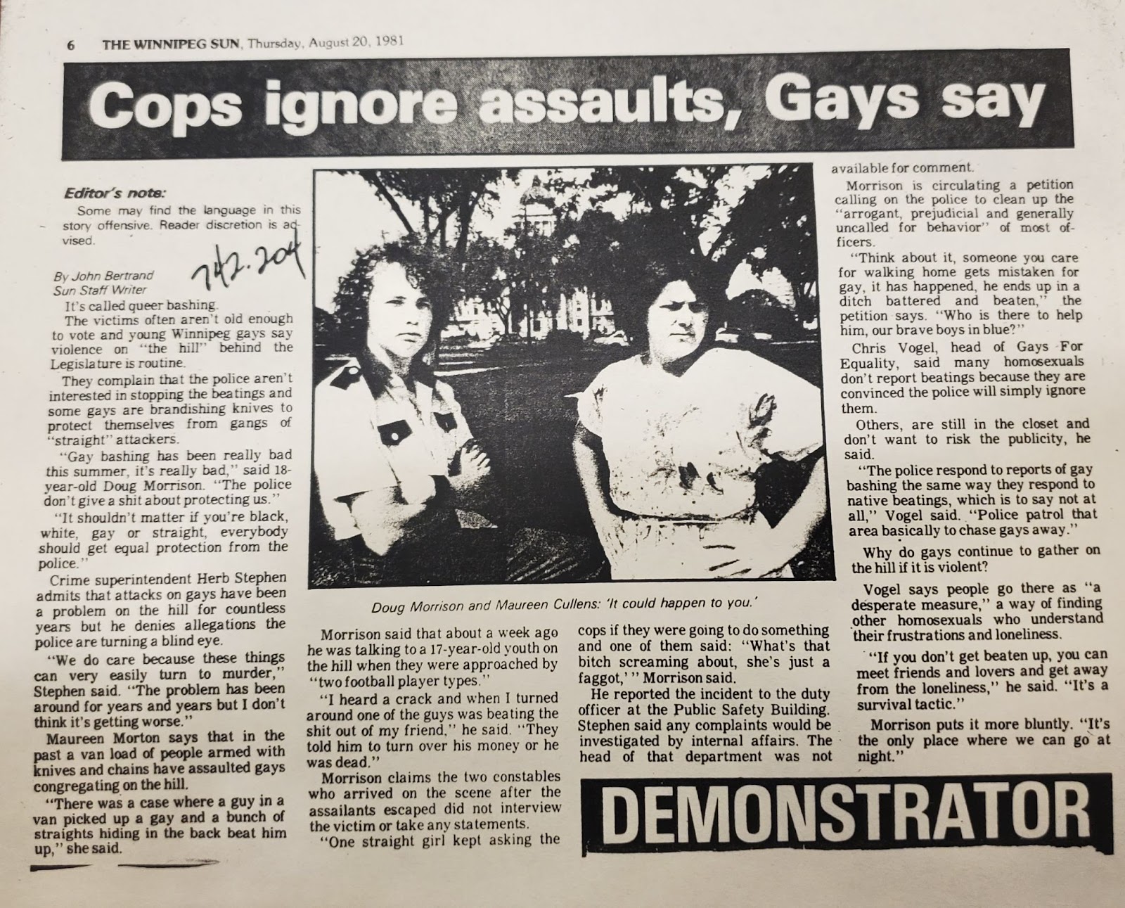 The Winnipeg Sun newspaper article dated August 20, 1981, with a title that heads “Cops ignore assaults, gays say.”