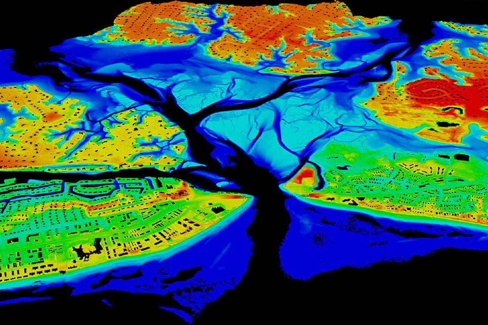 LiDAR image from NOAA. The color mapping allows for dimension and depth, creating a 3D map from a 2D one.