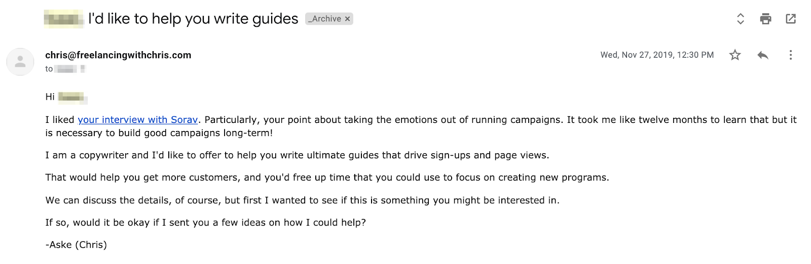 cold email freelance pitch example