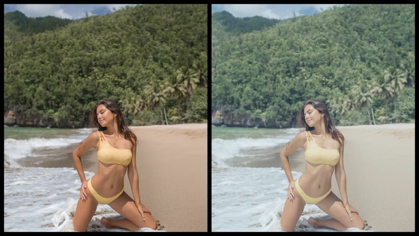 Montagem de duas fotos usando a mesma mulher posando na praia. Foto 1 sem edições e foto 2 usando o Filtro Limestone. 