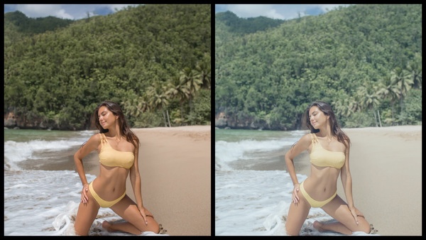 Montagem de duas fotos usando a mesma mulher posando na praia. Foto 1 sem edições e foto 2 usando o Filtro Limestone. 