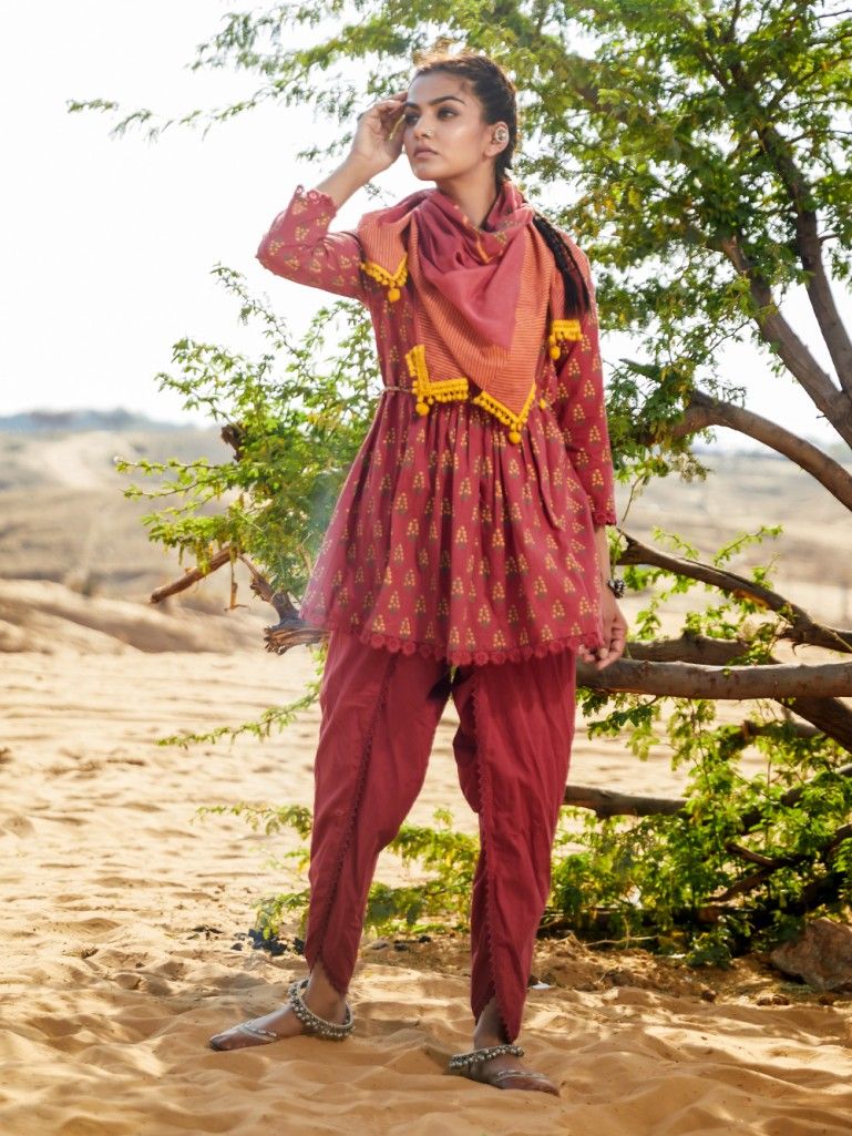 Red Printed Cotton Gathered Kurta with Dhoti Pants