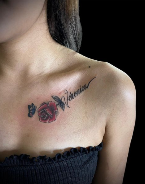 Chest Upside Down Rose Tattoo