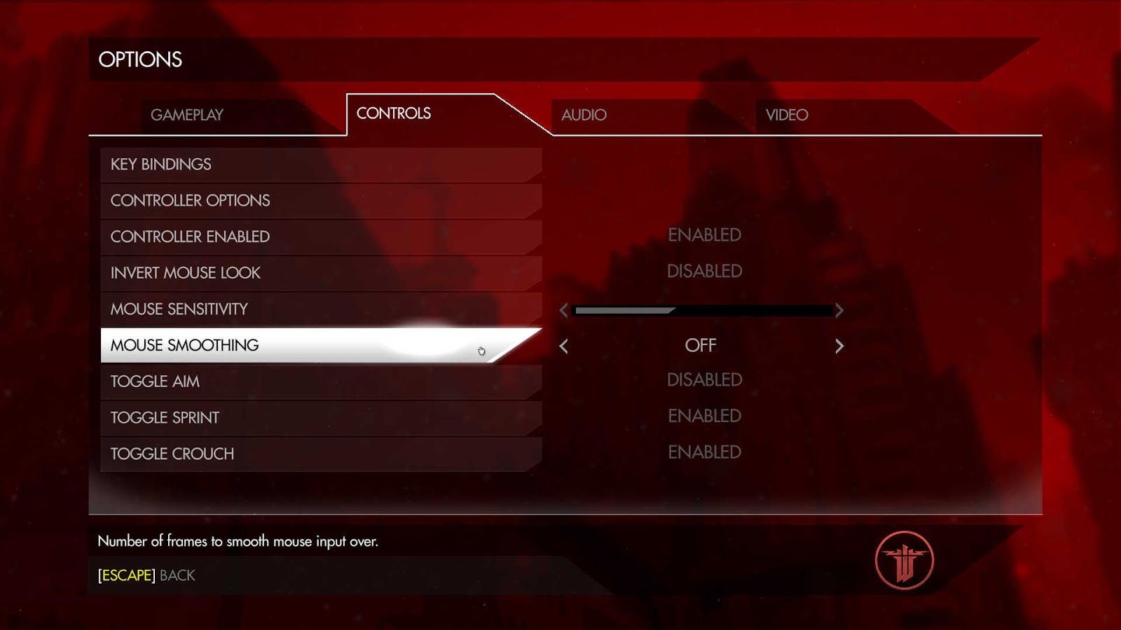 Controller disable, invert mouse aim, mouse sensitivity and mouse smoothing, toggles for aim, sprint and crouch.