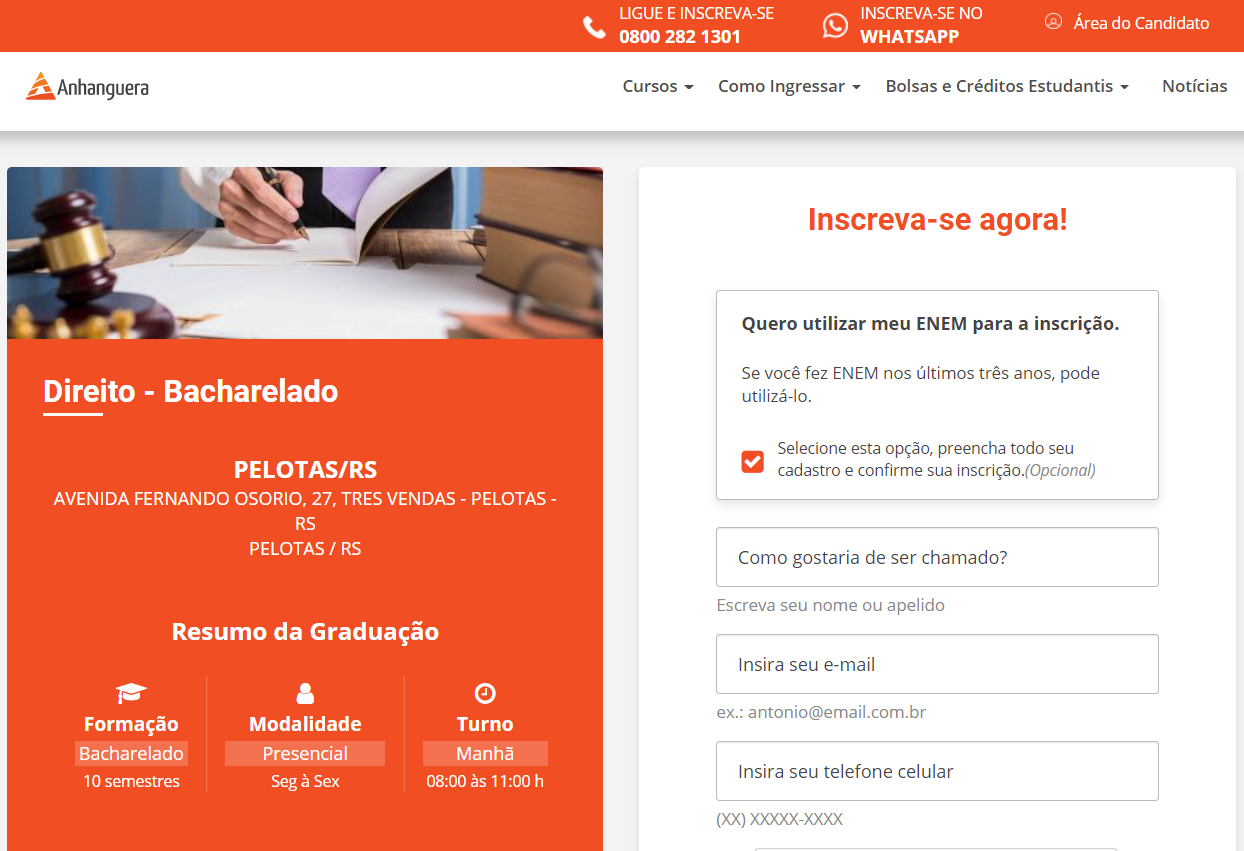 como usar a nota do Enem para ingressar na Anhanguera em Pelotas/RS