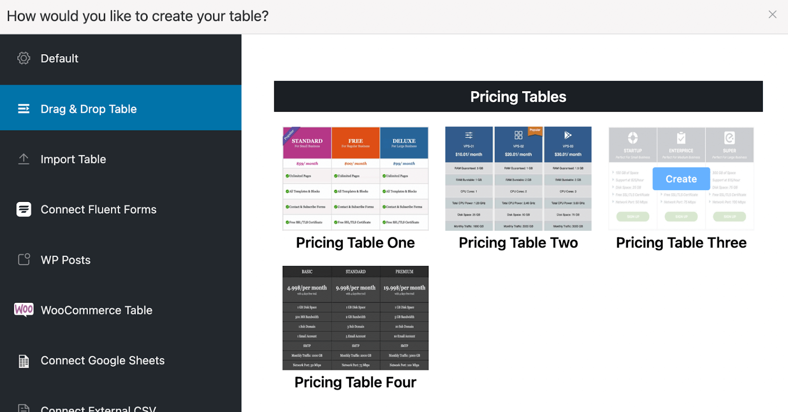 pricing table template