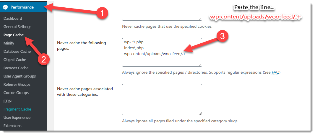 exclude feed file W3 Total Cache cache