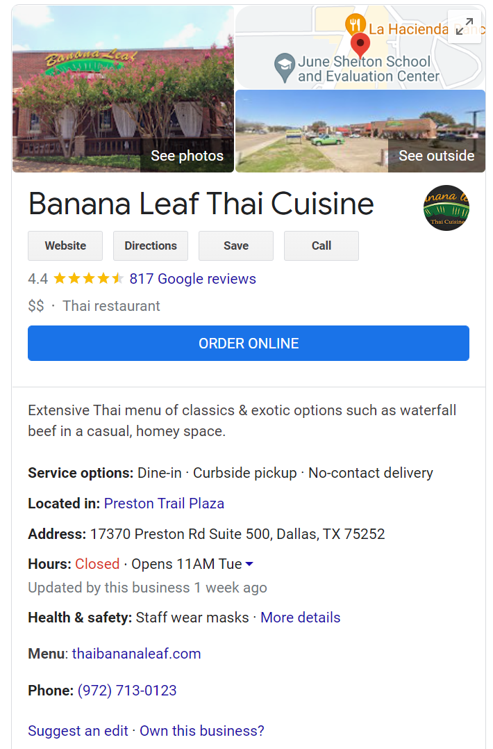 Banana Leaf Thai Cuisine in Google My Business Listing
