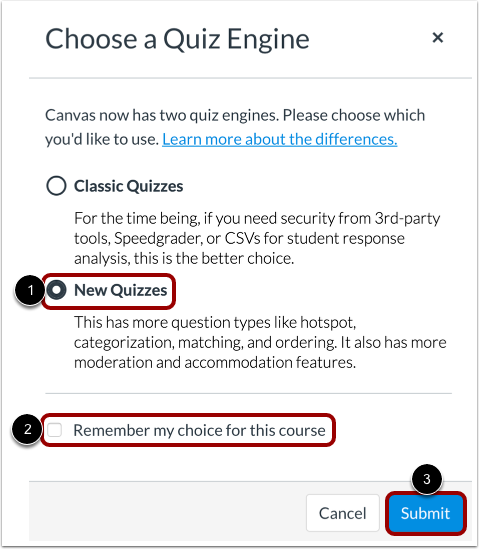 Create New Quiz Assessment