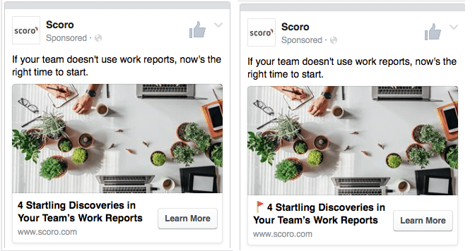Screenshots of two Facebook Ads (one with emoji and one without) that were used in an A/B testing campaign.