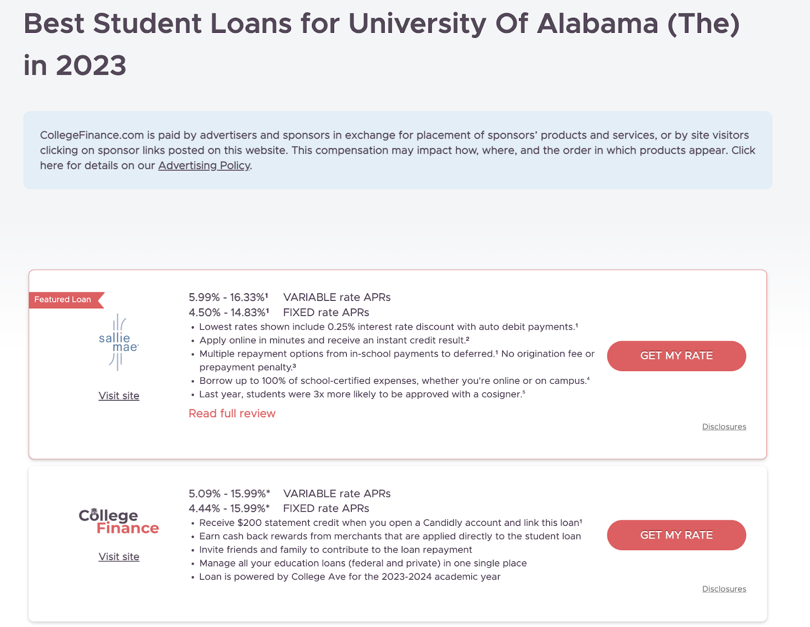 Screenshot of College Finance application process. Find College Finance in search results.