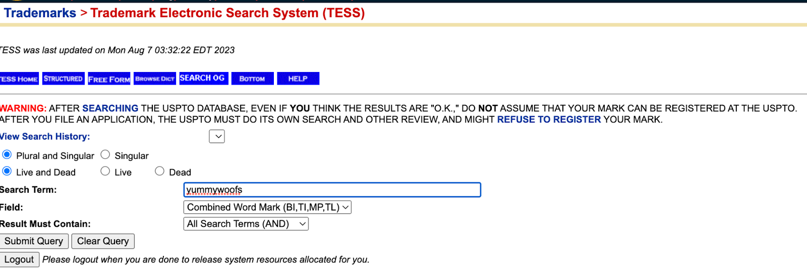 Screenshot of Trademark Electronic Search System (TESS)