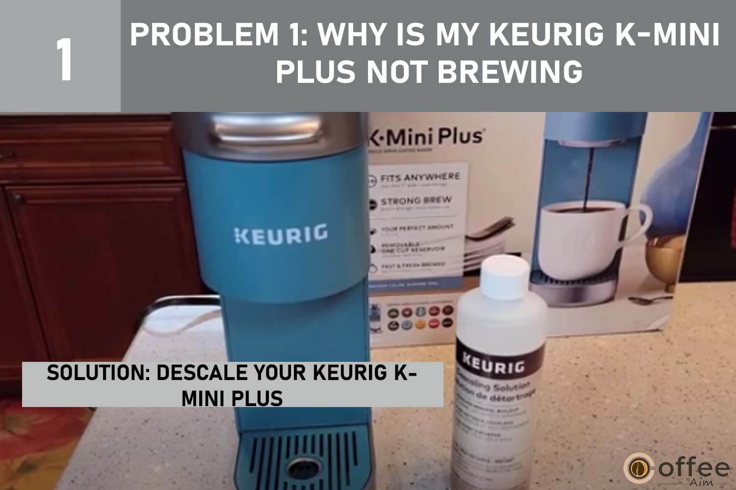 This image provides instructions on "Descaling Your Keurig K-Mini Plus" as part of addressing Problem 1: "Why Is My Keurig K-Mini Plus Not Brewing?" in our "Keurig K-Mini Plus Problems" article.      