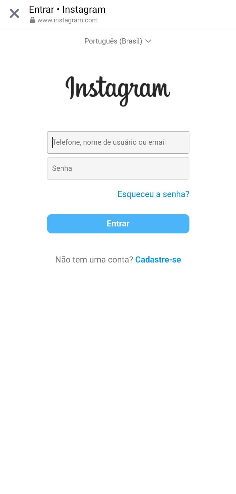 tela inicial do instagram (login e senha)