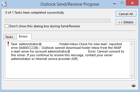 Outlook error 0x800ccc0e