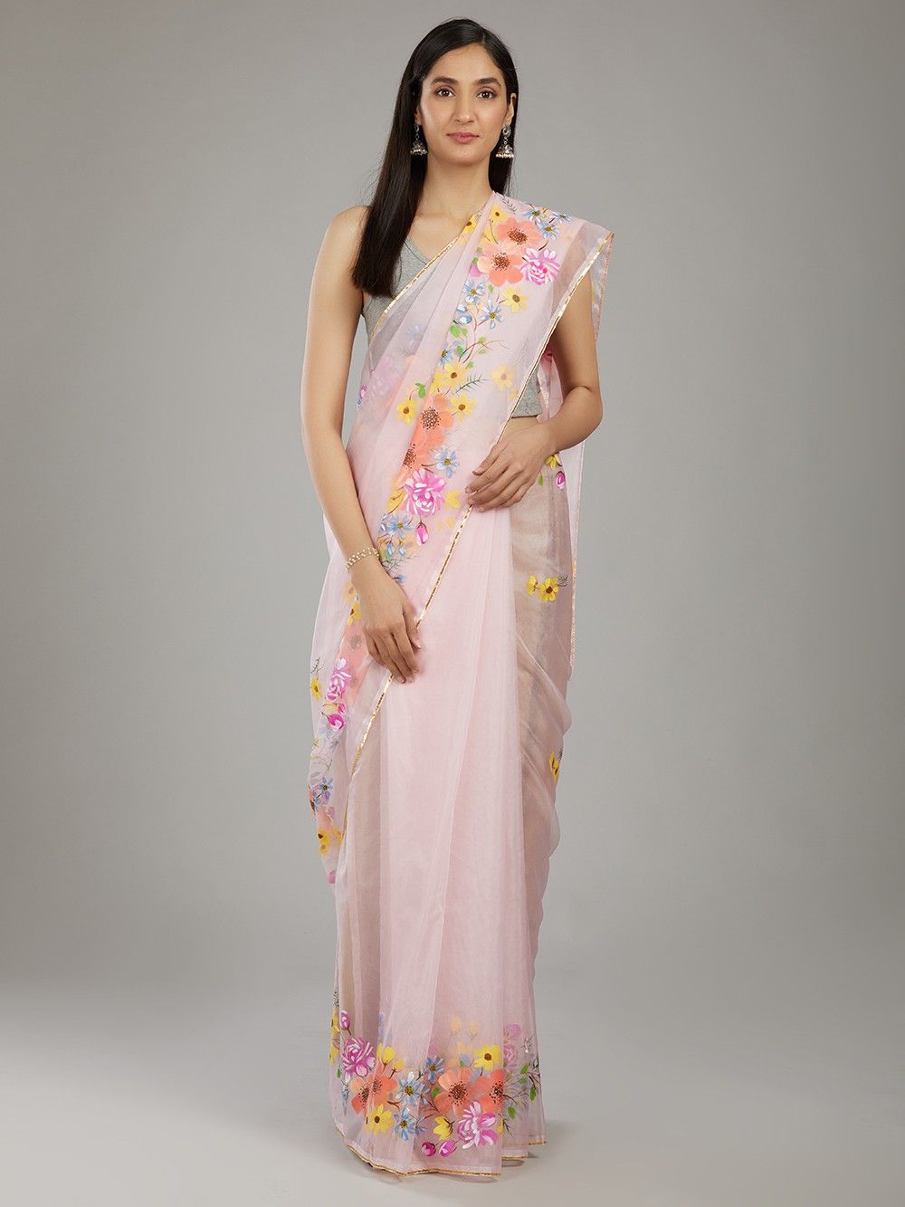 the loom - Pink Yellow Hand Painted Organza Saree