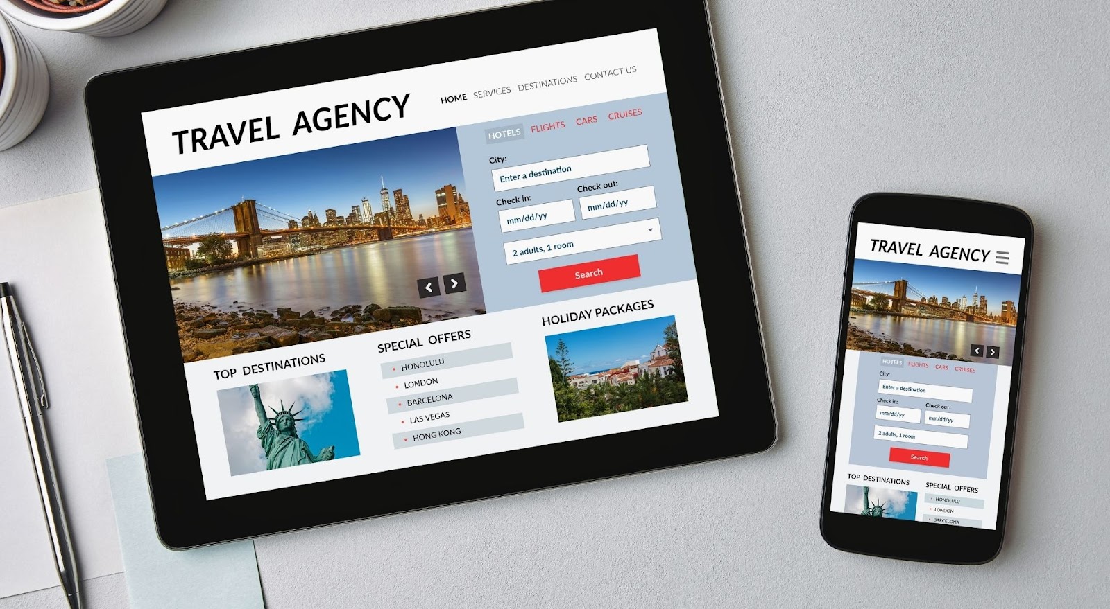 Tablet and mobile devices showing travel agency website for booking hotels, flights, and more.