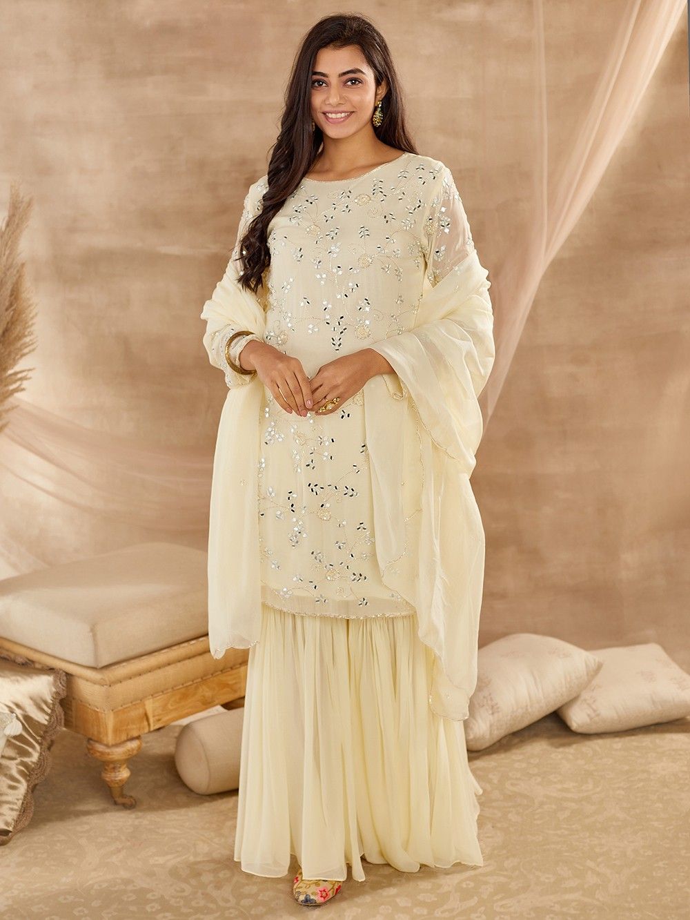 the loom - Off White Mirror Sharara Suit