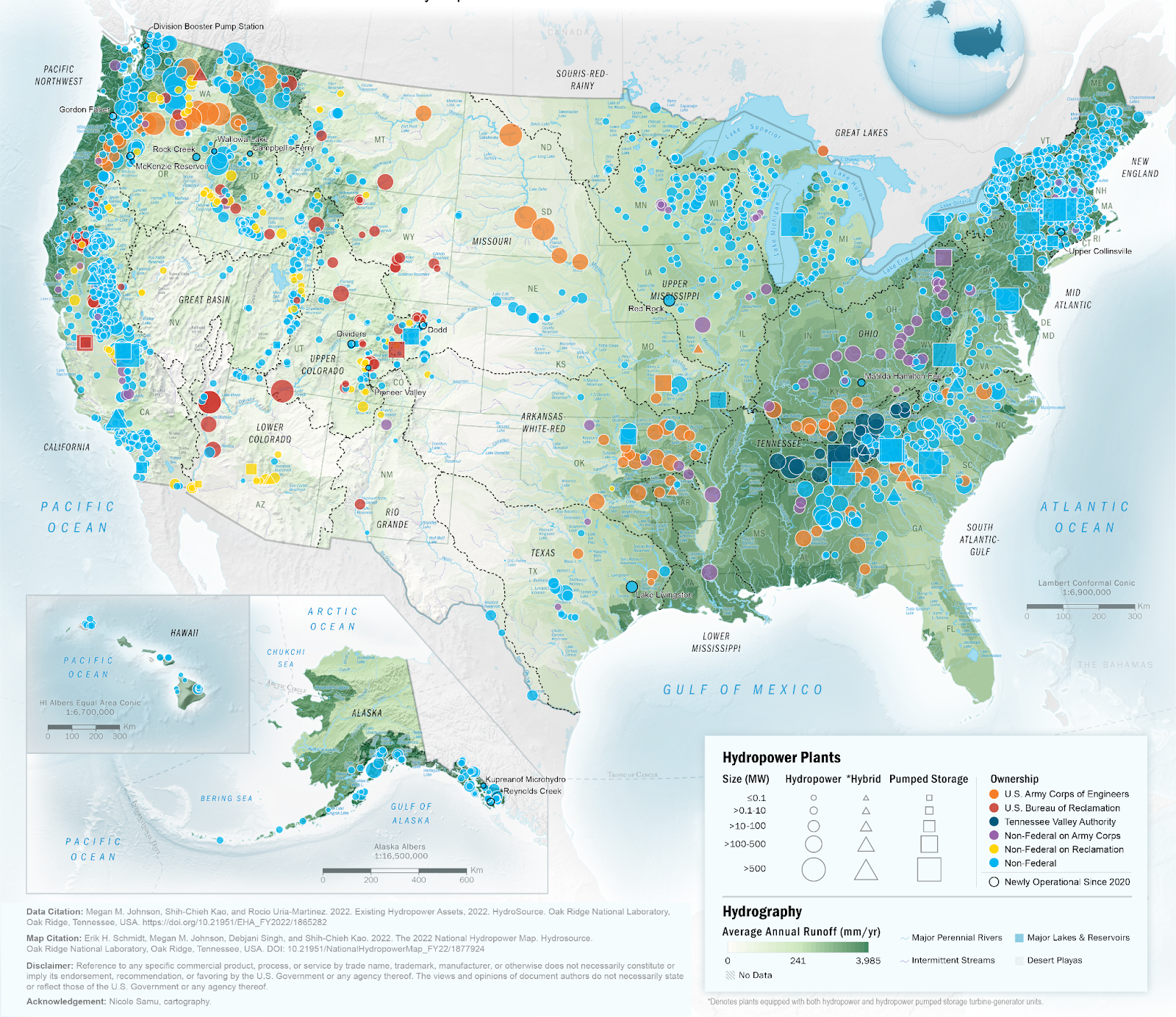This map shows the distribution and characteristics of operational hydropower facilities in the U.S. as of 2022. Image used courtesy of Oak Ridge National Laboratory