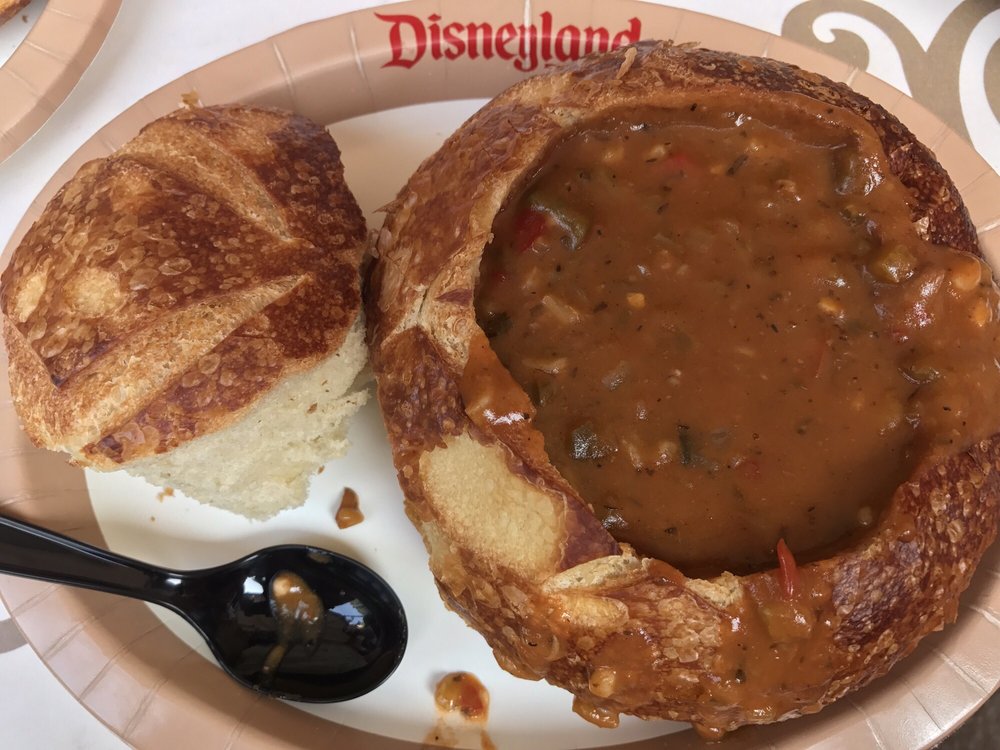 Vegetable gumbo in a bread bowl