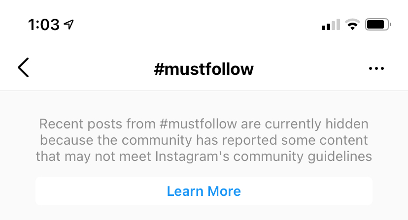 پیام هشتگ ممنوع در اینستاگرام برای هشتگ #mustfollow
