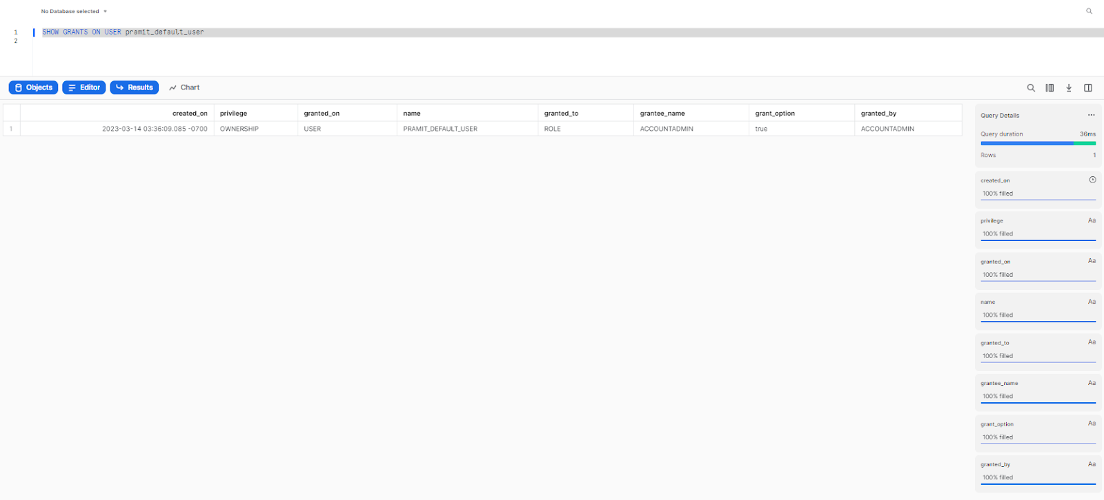 Query "SHOW GRANTS ON USER" executed, displaying grants available to the user - snowflake roles