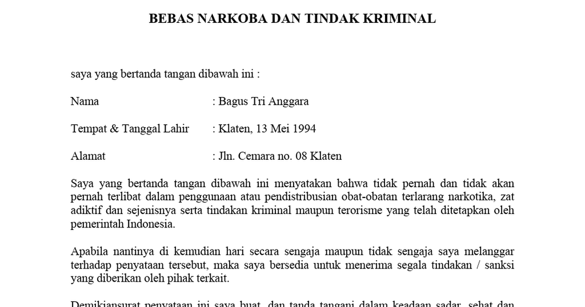 45++ Contoh surat pernyataan bebas narkoba dan tindak kriminal cpns kejaksaan terbaru yang baik dan benar