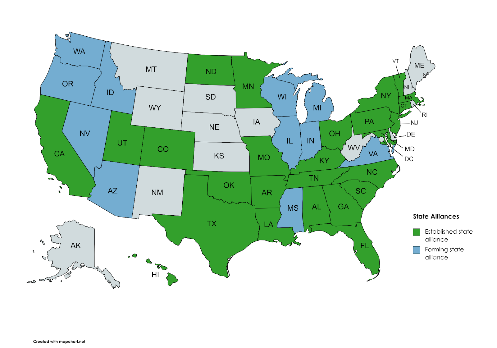 Map of the United States.In green are the states with established state alliances (VT, MA, CT, NY, NJ, PA, MD, OH, KY NC, TN, SC, GA, AL, FL, LA, AR, MO, MN, ND, OK, TX, CO, UT, CA & HI)In blue are the states forming state alliances (WA, OR, ID, NV, AZ, WI, MI, IL, IN, MS, & VA).In gray, states that have not yet established a state alliance (ME, NH, DE, DC, IA, SD, NE, KS, MT, WY, NM, AK)