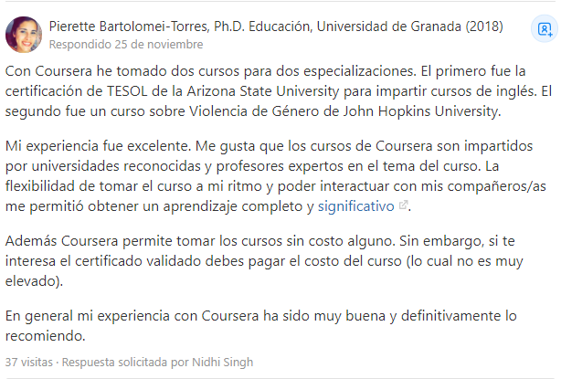 La doctora Pierette dice que le gusta la interacción con sus compañeros de clase. Importante en la experiencia formativa.