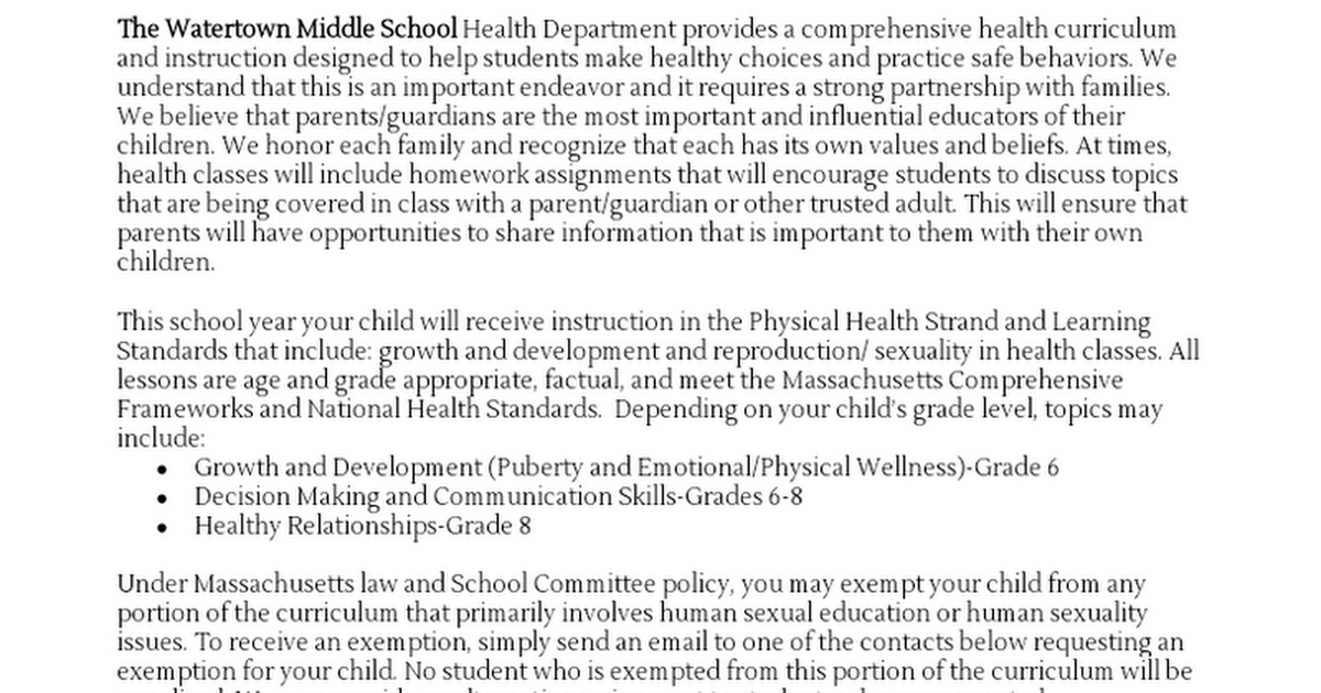 Health Curriculum Letter 2020