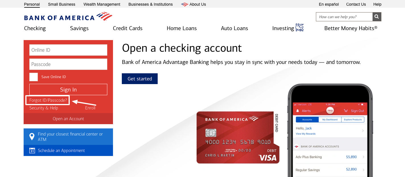 Bank of America forgot password