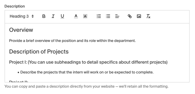 Screenshot of job description template