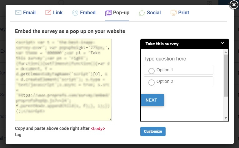 Embedding the survey as a pop-up on website using the embed code