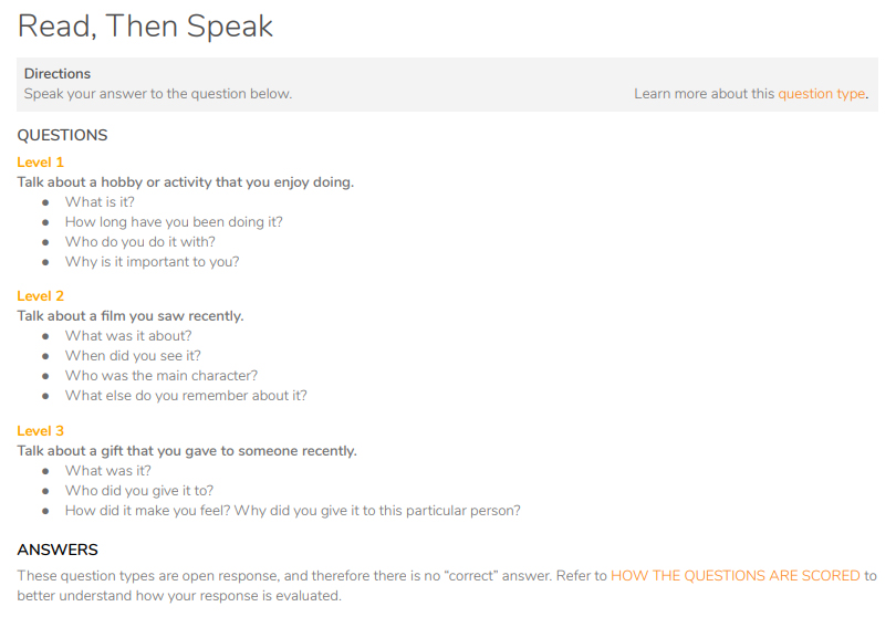 ตัวอย่างข้อสอบ Duolingo - Read and Speak