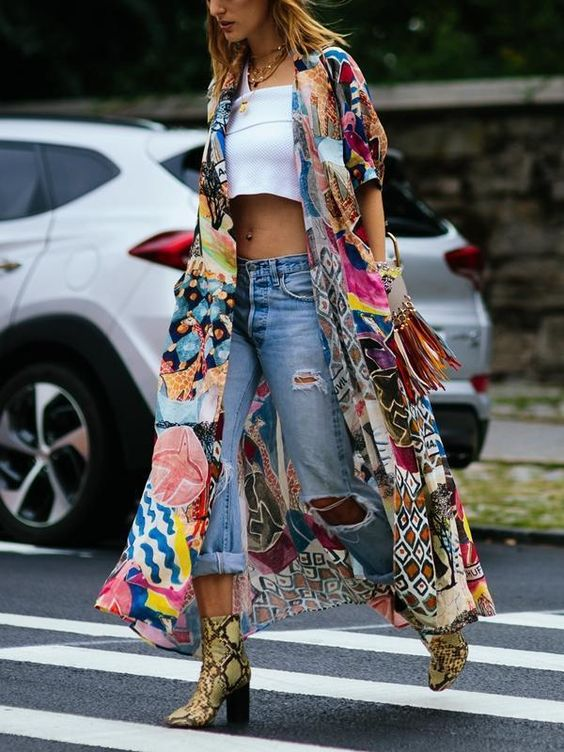 Woman wearing chic fashion style with ripped jeans