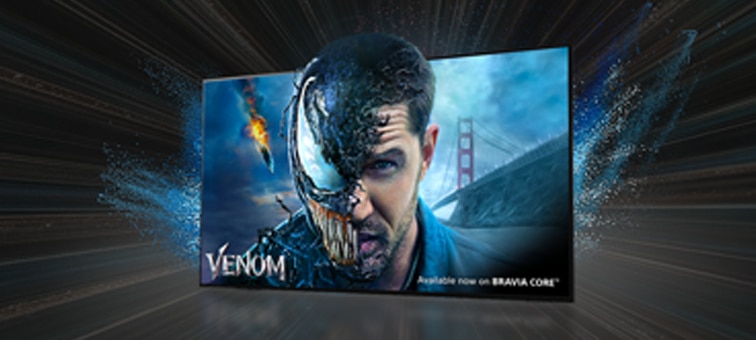 BRAVIA TV with starburst behind showing the movie VENOM, available in BRAVIA CORE