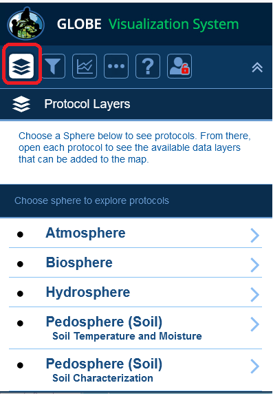 Screenshot GLOBE Visualization System highlighting protocol layers icon, which is 3 flat squares on top of each other. On the menu below it there are options to choose sphere to explore protocols: Atmosphere, Biosphere, Hydrosphere, and Pedosphere.
