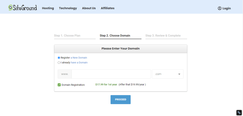 SiteGround -choose the domain