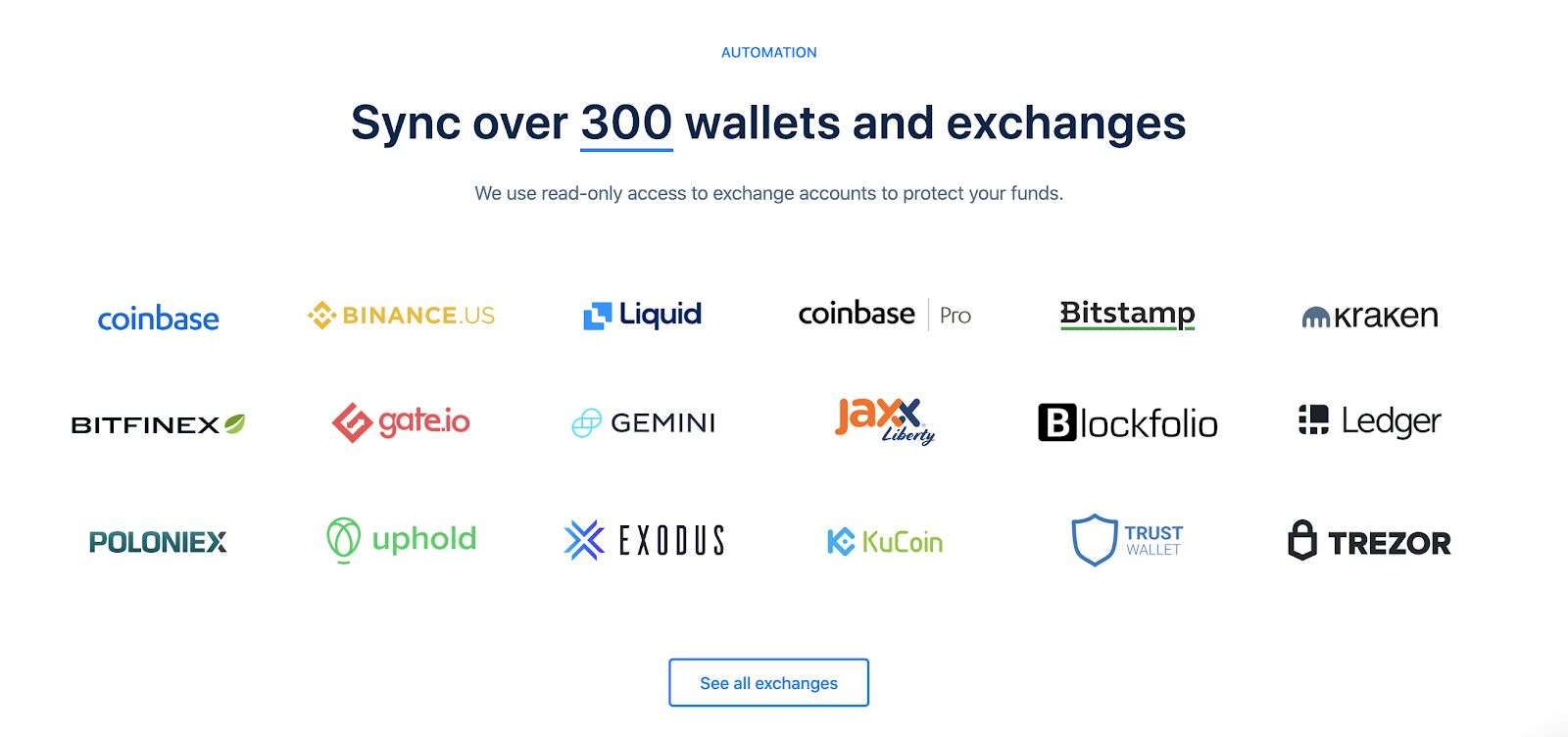 image of CoinTracker’s supported integrations with over 8,000 cryptocurrencies and over 300 wallets and exchanges
