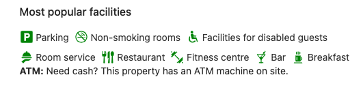 Most popular facilities at a hotel listed on Booking.com