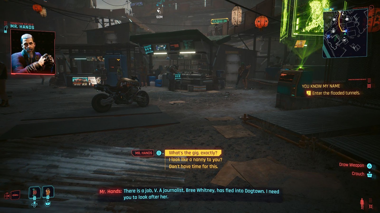 An in-game screenshot of a phone call with Mr. Hands from the game Cyberpunk 2077. 