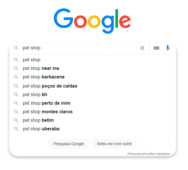 Pesquisa rápida do Google com resultados para busca por pet shop