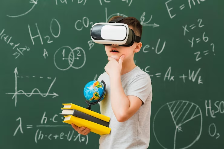A boy in a VR headset with books in hand exploring the future of education.