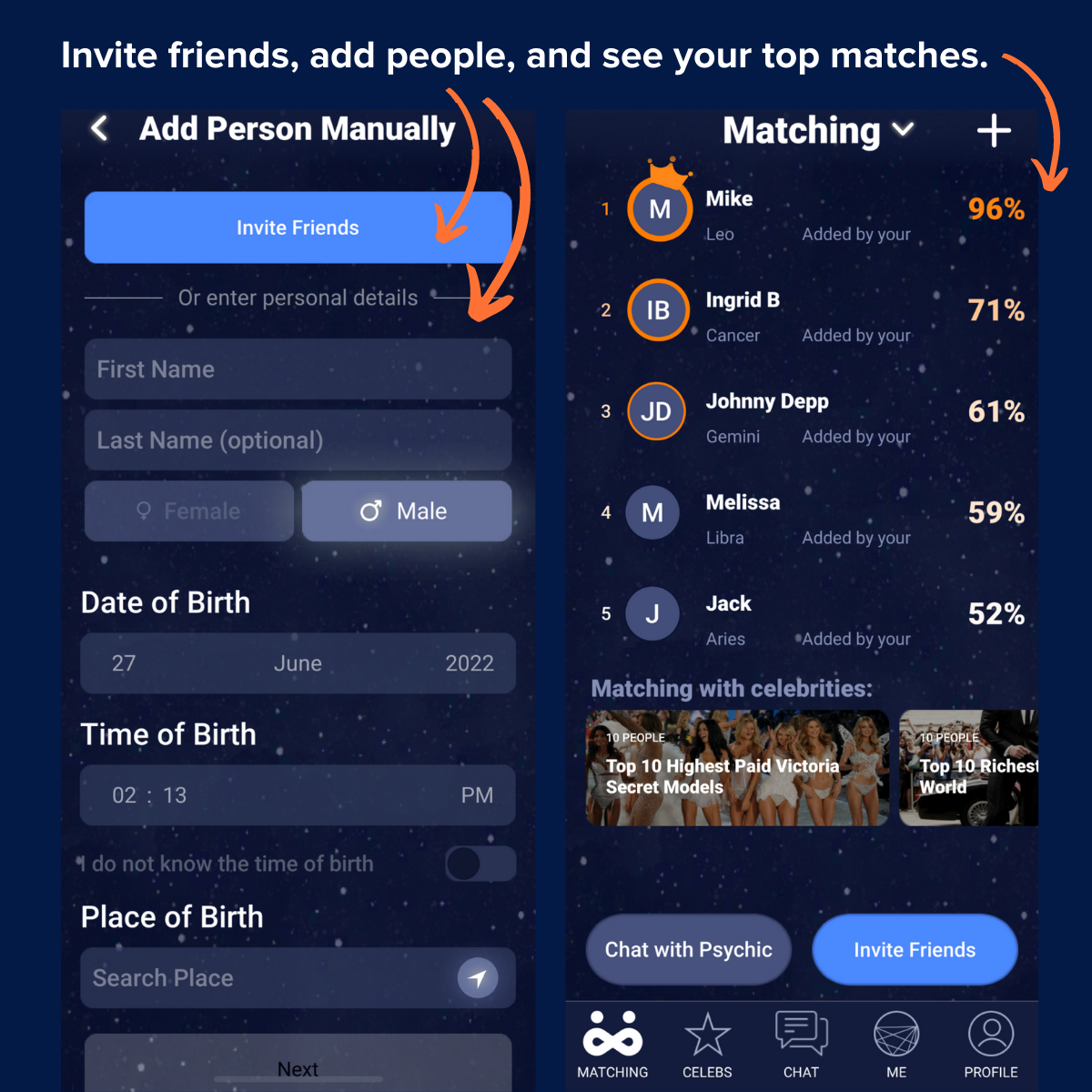Invite friends, add people, and see your top matches.