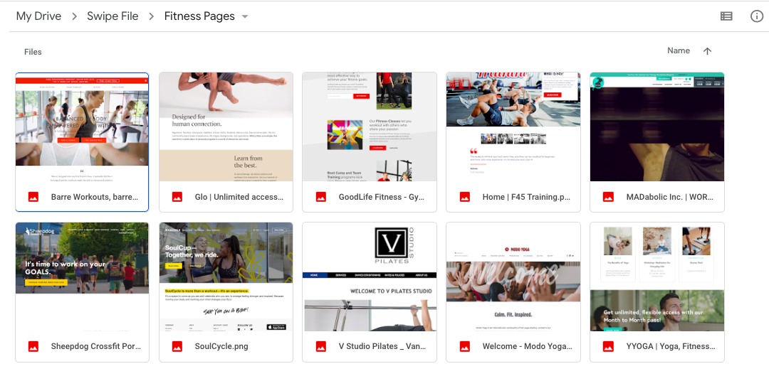 Example of a swipe file of fitness home pages